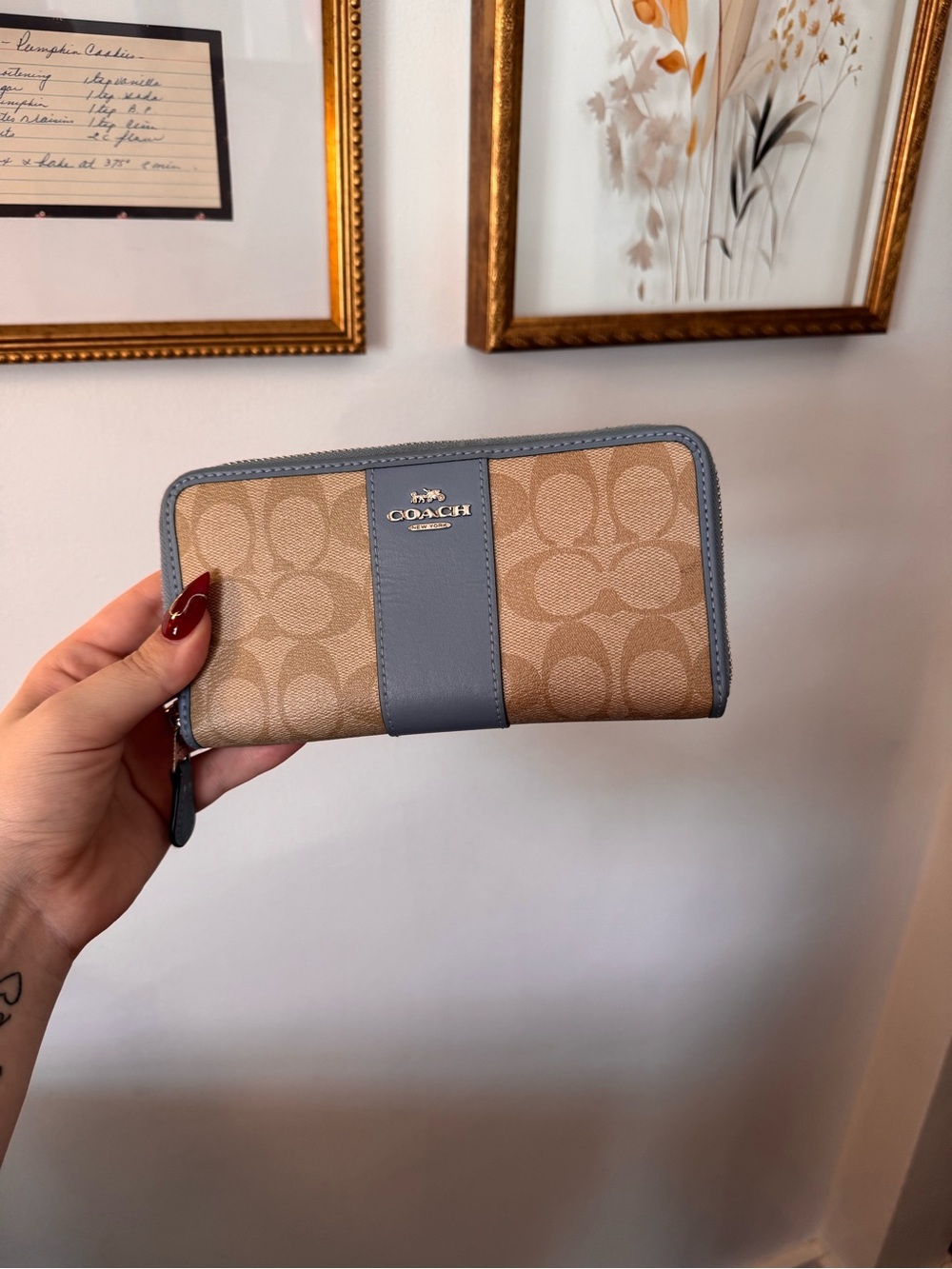 Coach Zip Wallet in Tan Canvas with Blue Trim